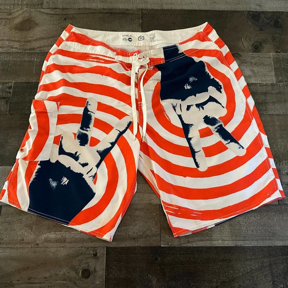 RVCA ANP Board Shorts Mens Size 33 Peace Red White Artist PMTENORE Swim Trunks‎